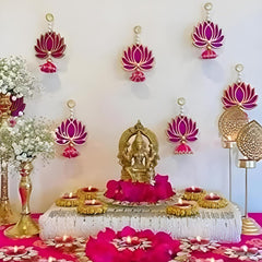 Velvet Handmade Wall Decor Lotus (06 Pcs- Pink) with Jhumki Style Hanging for Home Decor,Diwali Decor,Wedding and All Festival Decor | Lotus Hangings for Ganpati Decoration