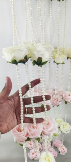 Pearl & Rose Flower Hanging – Elegant Event Decor for Weddings, Temples, Diwali, Haldi/Mehndi, and Nikah Celebrations (Pack of 5)
