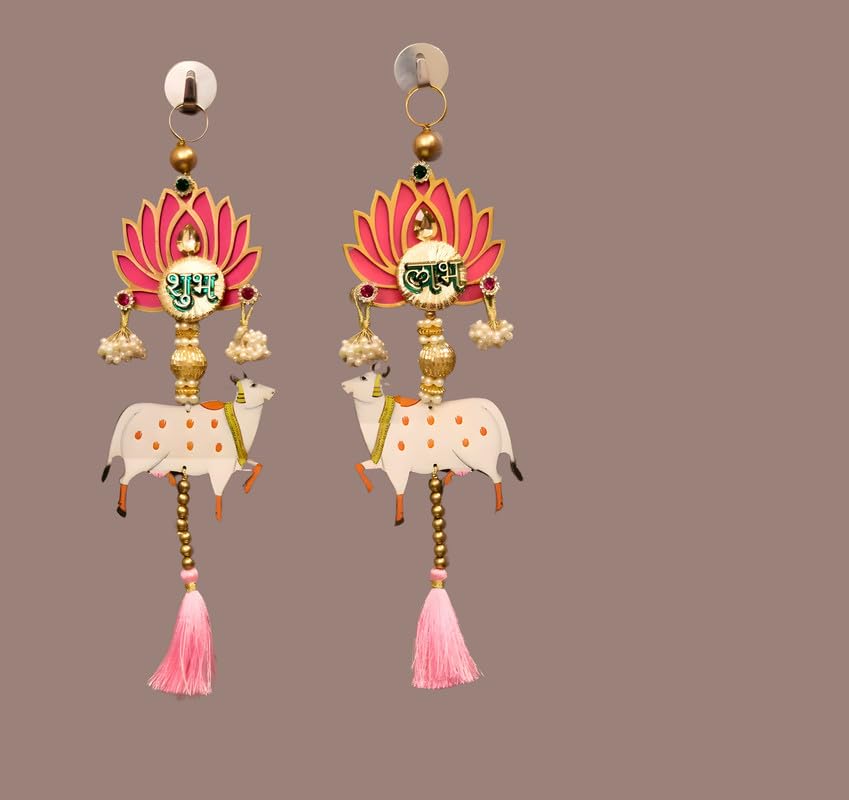 Handmade Wall Decor Cow & Pink Tassel Style (2 Pcs- Pink) with Jhumki Style Hanging for Home Decor,Diwali Decor|Wall Hangings, 30.5cm