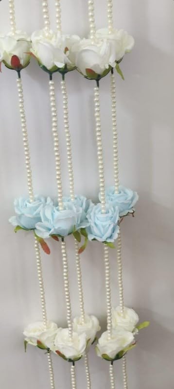 Pearl & Rose Flower Hanging – Elegant Event Decor for Weddings, Temples, Diwali, Haldi/Mehndi, and Nikah Celebrations (Pack of 5)