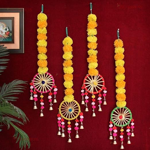 Set of 4 Artificial Marigold Flowers Garland Decorations Wall Door Hanging Toran with Bells Rajasthani Traditioal (76.2 cm x 12.7 cm, Multi) - Decorative Items for Home Decor Pooja Room