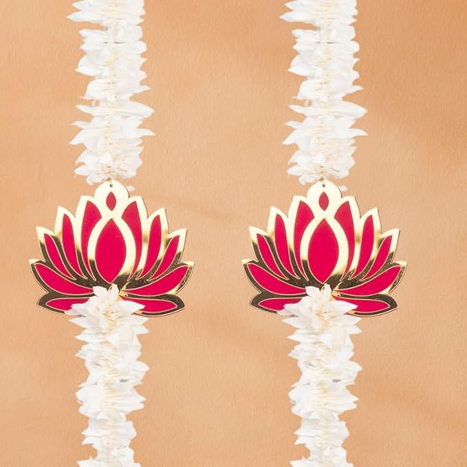 DECORVIBE Diwali Decoration Items- Side Hangings for Entrance Door, Artificial Flower Toran for Home Decoration with Pichwai Cow Hanging and Glass Finishing Lotus Hangings (Pink Side Hanging)