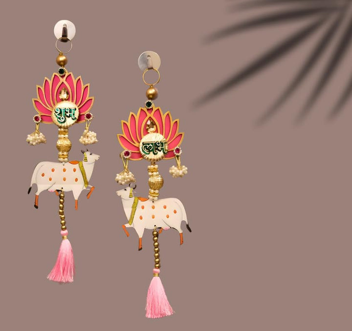 Handmade Wall Decor Cow & Pink Tassel Style (2 Pcs- Pink) with Jhumki Style Hanging for Home Decor,Diwali Decor|Wall Hangings, 30.5cm