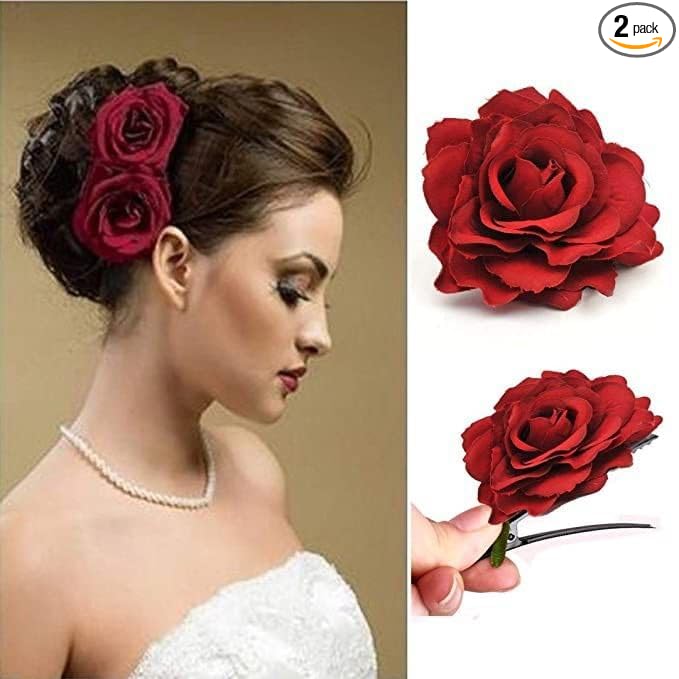 Handmade Artificial Red Rose Flower Bride Tiktok Hairpin Red Velvet Rose Hairpin for Girls and Women (Pack of 2)