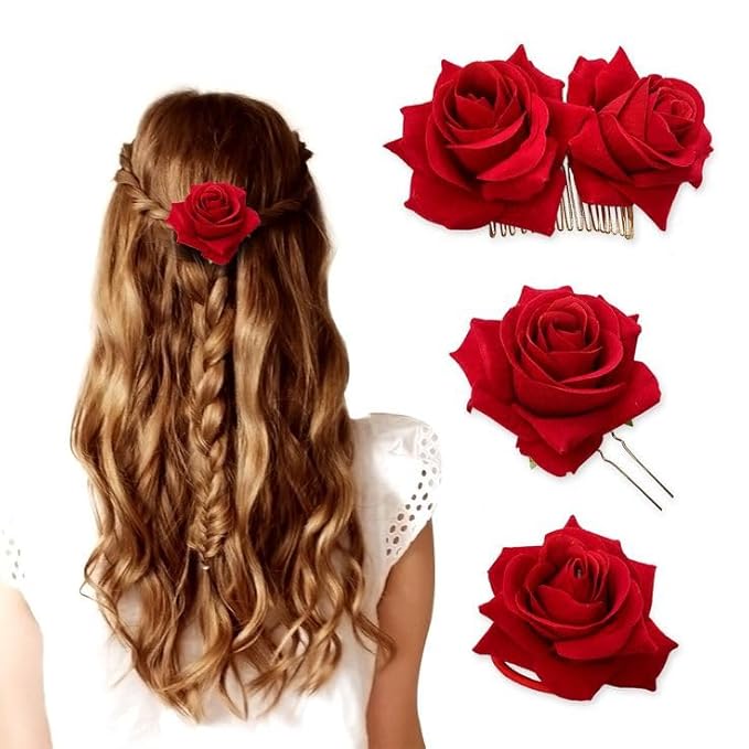 Handmade Artificial Red Rose Flower Bride Tiktok Hairpin Red Velvet Rose Hairpin for Girls and Women (Pack of 2)