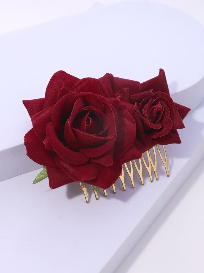 Handmade Artificial Red Rose Flower Bride Tiktok Hairpin Red Velvet Rose Hairpin for Girls and Women (Pack of 2)