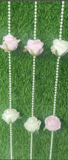 Pearl & Rose Flower Hanging – Elegant Event Decor for Weddings, Temples, Diwali, Haldi/Mehndi, and Nikah Celebrations (Pack of 5)
