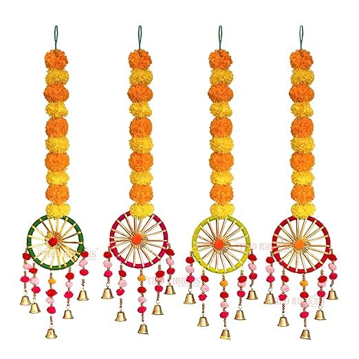 Set of 4 Artificial Marigold Flowers Garland Decorations Wall Door Hanging Toran with Bells Rajasthani Traditioal (76.2 cm x 12.7 cm, Multi) - Decorative Items for Home Decor Pooja Room