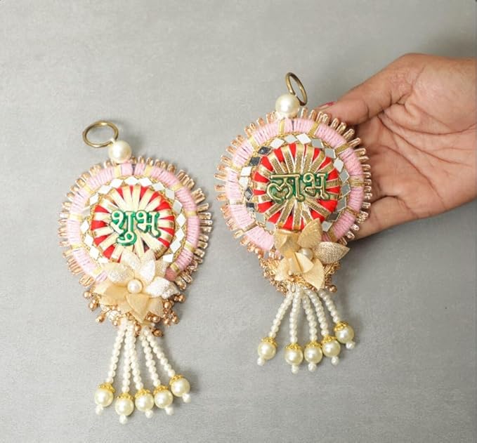Handmade Shubh Labh Wall Hanging with Kundan, Gota & Pearl Detailing – Elegant Home Decor for Diwali, Navratri, Weddings, Housewarming & Puja Favors