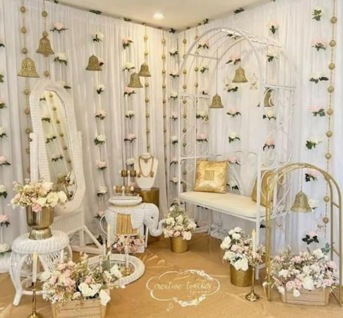 Pearl & Rose Flower Hanging – Elegant Event Decor for Weddings, Temples, Diwali, Haldi/Mehndi, and Nikah Celebrations (Pack of 5)