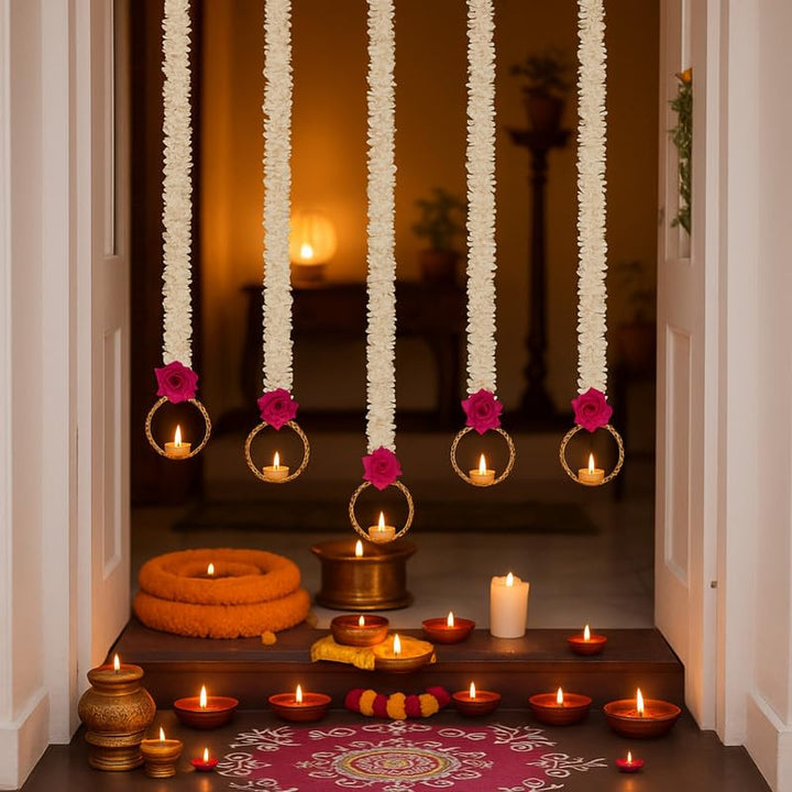 Set of 4 Handmade Wall Hangings for Home Decoration | Diwali Lights with Pink Rose | Psychedelic Door Valance Hanging with LED T-Lights for Wedding & Diwali Dcor (30 Inch)