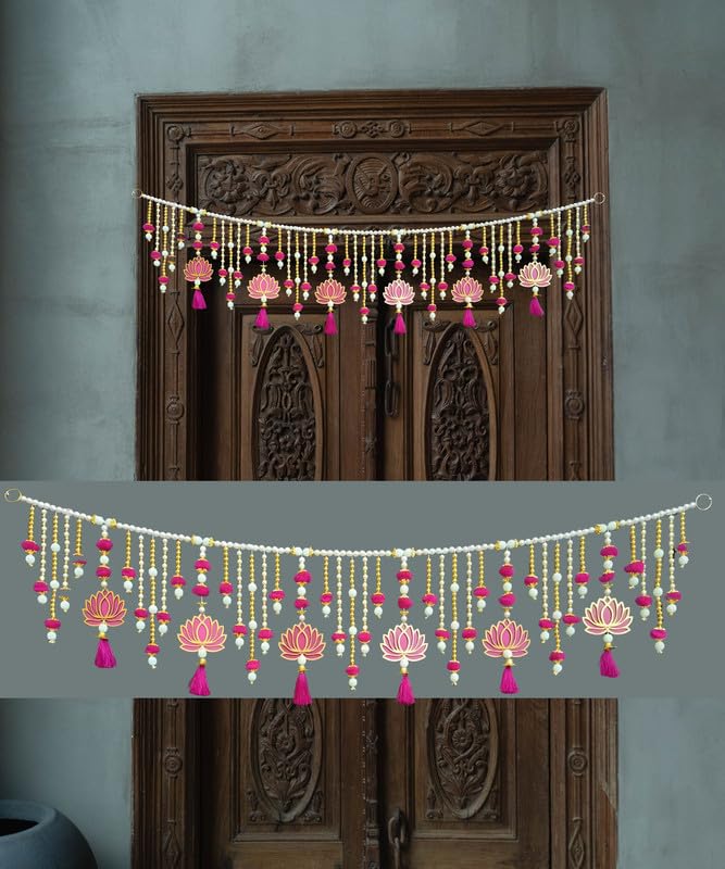 Handmade Door Hanging Pink Lotus Style Door Bandarwal Toran - Diwali Ganesh Pooja New Year Inauguration Wedding Festival Home Decor (40 Inch X 8 Inch)