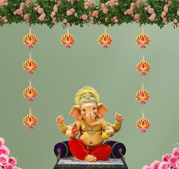 Khammaghani Velvet Handmade Wall Decor Lotus (10 Pcs- Pink) with Jhumki Style Hanging for Home Decor,Diwali Decor,Wedding and All Festival Decor | Lotus Hangings for Home Decoration