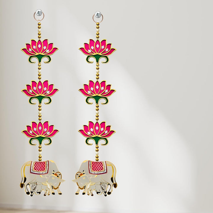 Door Entrance Hanging, Mandir Door Decorations Items, Pink Lotus with Cowcalf Hanging, Ganpati Decor & Diwali Decoration|Door Hanging | 2 Pieces | 24 Inch | Export Quality