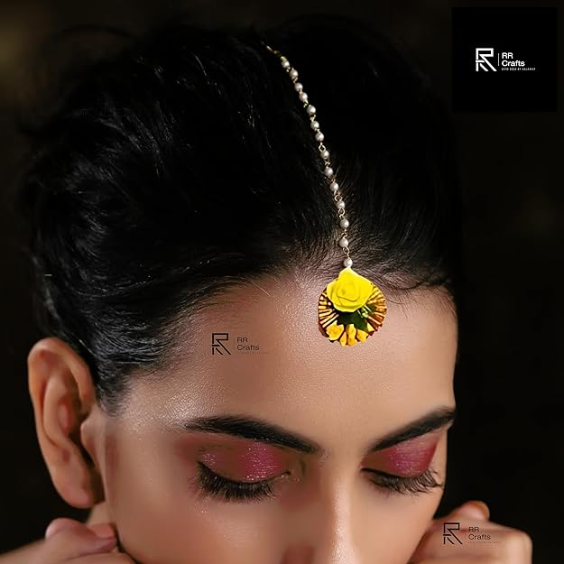 Flower Maang Tikka Set for Wedding | Baby Shower | Shaadi| Haldi | Mehandi | Party in Yellow Colour for Girls and Women, Floral Jewellery/Jewelry Mangtika combo 12 Pcs