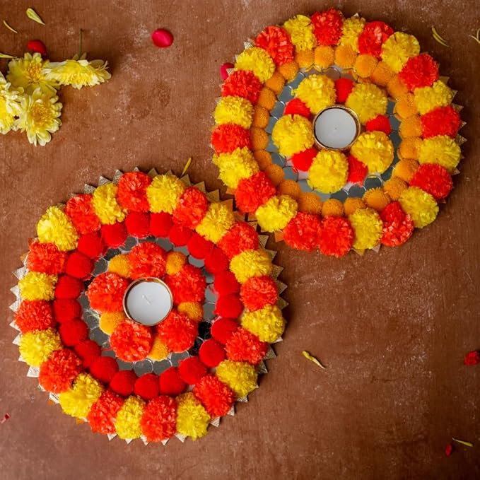 Gajra Rangoli – Reusable Rangoli Mats with Artificial Marigold, Gota Flowers, and White Gajra for Festive Decor | Rangoli Door Mats (Pack of 2)