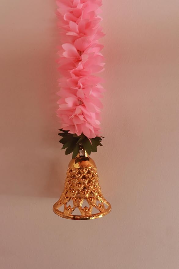 Artificial Mogra/Jasmine gajra Flower Garland with Goldenbell | Home Decore | Festive decore | Indoor/Outdoor decore | Backdrop Decoration (Pink, 10)