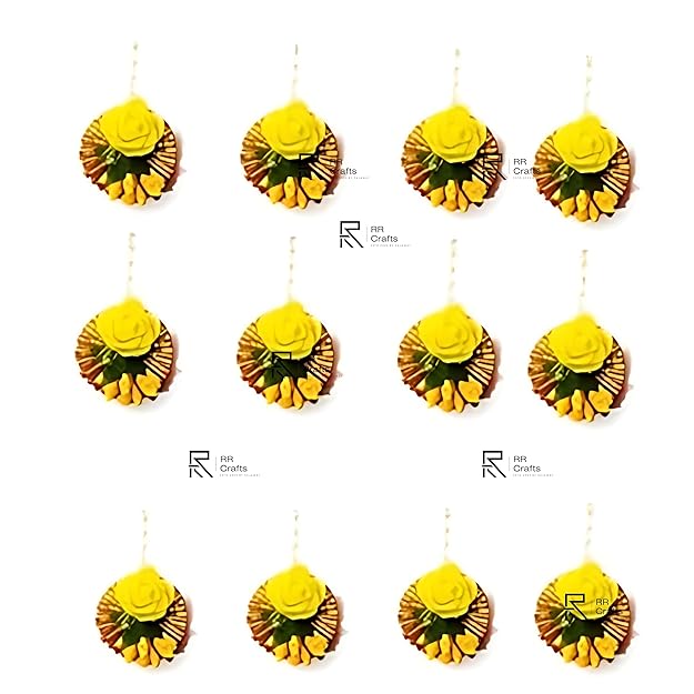 Flower Maang Tikka Set for Wedding | Baby Shower | Shaadi| Haldi | Mehandi | Party in Yellow Colour for Girls and Women, Floral Jewellery/Jewelry Mangtika combo 12 Pcs