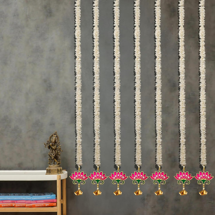 Lotus Bells Pink Pooja Room Decoration Item-Mandir Decoration Item, Long Length Off-White Flower- Lotus Hangings, Used as Door Hanging, Diwali Decoration Items (Set of 7 Pcs)