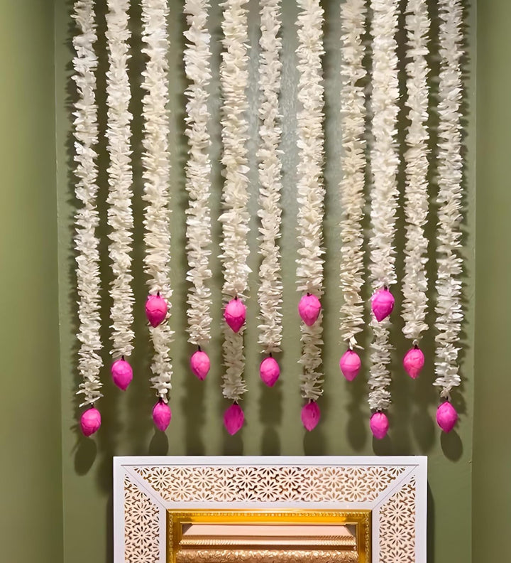 Pcs Lotus Gajra Hangings Garlands Diwali,Mandir,Temple,House Warming,Ganpati Decor,Stage,Festivals Hanging Decoration Item Export Quality White & Pink, 140 cm