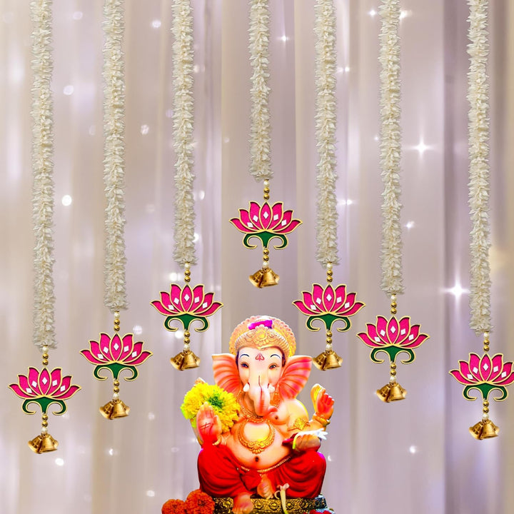Lotus Bells Pink Pooja Room Decoration Item-Mandir Decoration Item, Long Length Off-White Flower- Lotus Hangings, Used as Door Hanging, Diwali Decoration Items (Set of 7 Pcs)