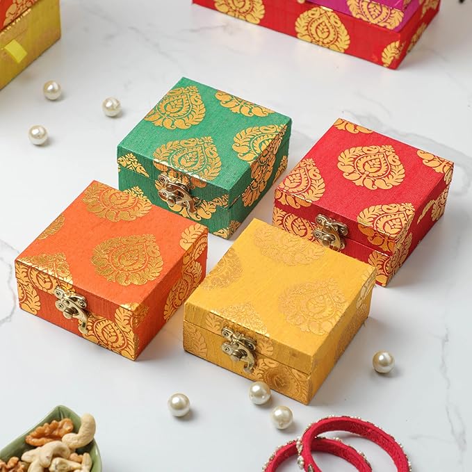 Motif Design Raw Silk Box – Traditional Fabric Storage Box with Golden Motifs for Home Decor, Office, and Gifting (Set of 4)
