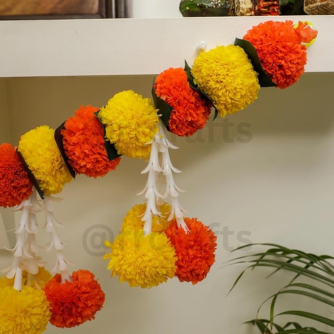 Handmade Artificial Marigold Toran Flowers for Decoration Long for Door Decoration Toran Genda Phool for Wedding/Festivals|38 Inches | Yellow + Orange| Pack of 1 | Export Quality