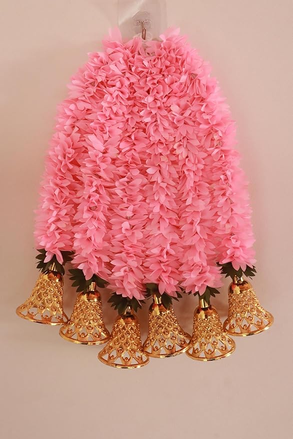 Artificial Mogra/Jasmine gajra Flower Garland with Goldenbell | Home Decore | Festive decore | Indoor/Outdoor decore | Backdrop Decoration (Pink, 10)