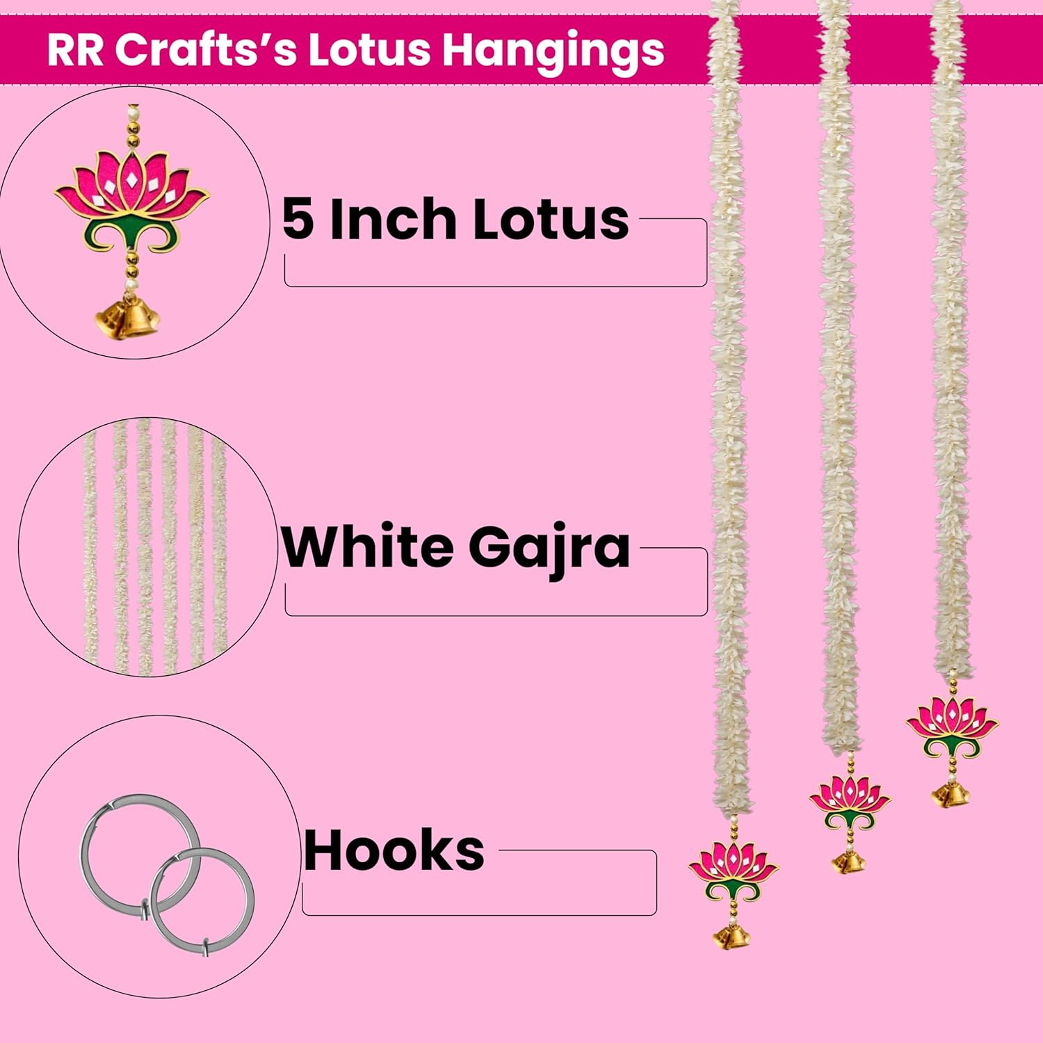 Lotus Bells Pink Pooja Room Decoration Item-Mandir Decoration Item, Long Length Off-White Flower- Lotus Hangings, Used as Door Hanging, Diwali Decoration Items (Set of 7 Pcs)
