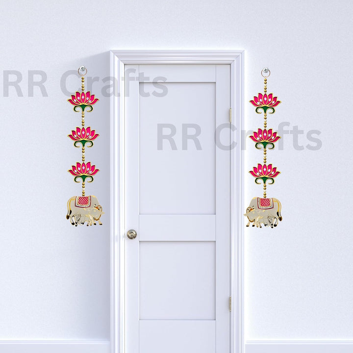 Door Entrance Hanging, Mandir Door Decorations Items, Pink Lotus with Cowcalf Hanging, Ganpati Decor & Diwali Decoration|Door Hanging | 2 Pieces | 24 Inch | Export Quality