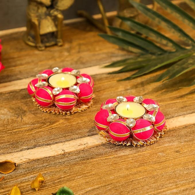 Handmade Pink Pompom Tealight Holder Diyas, Set of 2 | Vibrant Candle Holders for Diwali, Home Decor, Puja & Gifting | Add a Festive Touch with These Unique and Colorful Accents
