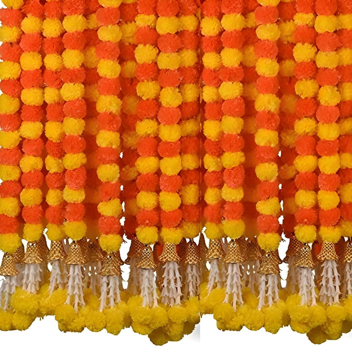 Indian Handmade Artificial Marigold Garlands Flowers for Decoration Long for Door Decoration Toran Genda Phool for Wedding/Festivals| 60 Inches | Yellow + Orange| Pack of 5 |Export Quality