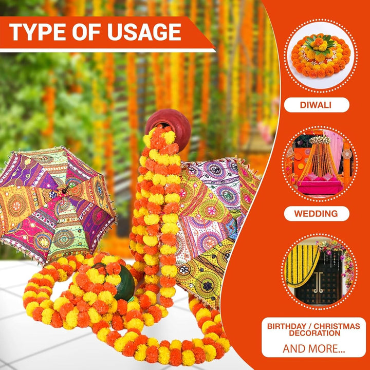 Indian Handmade Artificial Marigold Garlands Flowers for Decoration Long for Door Decoration Toran Genda Phool for Wedding/Festivals| 60 Inches | Yellow + Orange| Pack of 5 |Export Quality